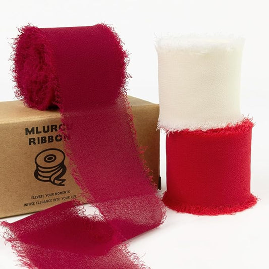 Red Chiffon Ribbon 1.5 Inch x 21Yds Handmade Fringe Chiffon Silk Ribbon Burgundy/Cream/Red Frayed Chiffon Ribbon for Wedding Invitation Flower Bouquets Bridal Shower Gift Wrapping