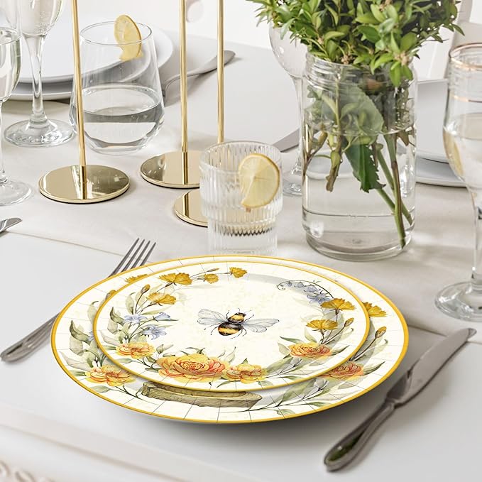 Whaline Bee Paper Plates and Napkins Set Summer Bee Flower Disposable Dinnerware for Wedding Birthday Baby Shower Holiday Tableware Party Supplies Table Decor, Serve 24