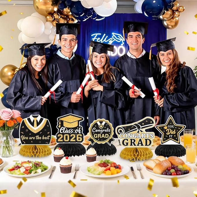 Graduation Decorations Class of 2026 Honeycomb Centerpieces, 9PCS Graduation Centerpieces for Tables, Congrats Grad Table Toppers Decor for 2026 Graduation Party Decoration Favor Supplies (Black Gold)
