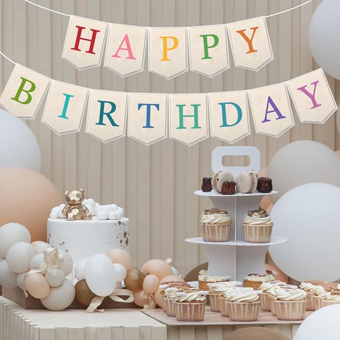 Doumeny Happy Birthday Felt Banner Boho Happy Birthday Garland Banner Colorful Birthday Felt Hanging Flag Rainbow Birthday Bunting Garland for Party Baby Shower Home Fireplace Nursery Backdrop Decor