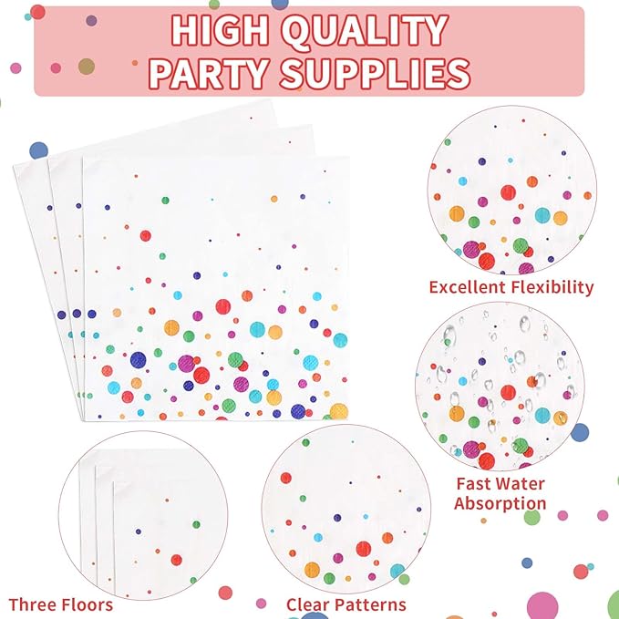 Grencian 96 Pcs Colorful Polka Dots Party Supplies Colorful Birthday Plates and Napkins Sets Confetti Bubble Plates Rainbow Dots Tableware for Birthday Baby Shower Rainbow Party Decorations Serves 24