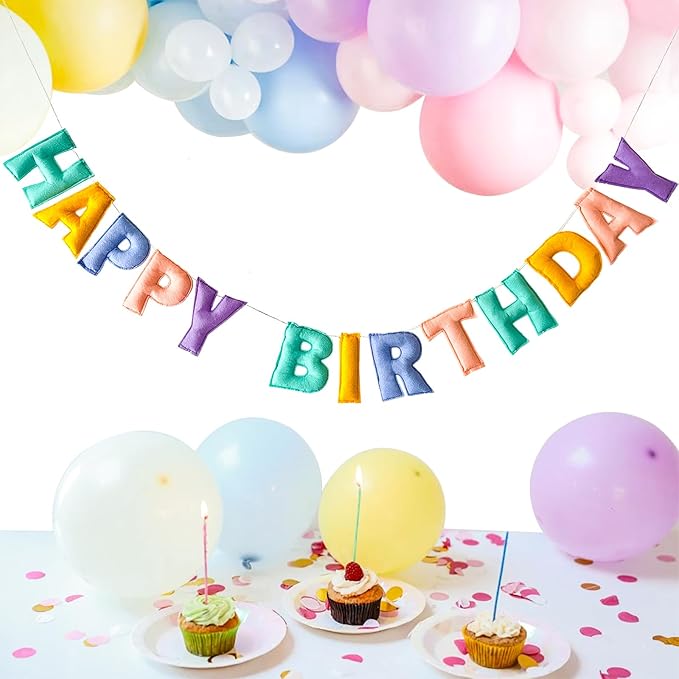 Pre-Strung Happy Birthday Banner - Felt Ball Garland, Rainbow Party Decorations, HAPPY BIRTHDAY Garland, Personalized Birthday Sign for Birthday Decor, Party Decor, Photo Prop (Macaron Colors)