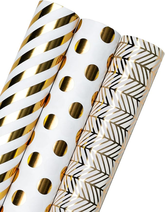 WRAPAHOLIC Gold Birthday Wrapping Paper Roll - Mini Roll - 3 Rolls - 17 Inch x 120 Inch Per roll - Gold Design for Birthday, Baby Shower, Wedding, Party, Holiday