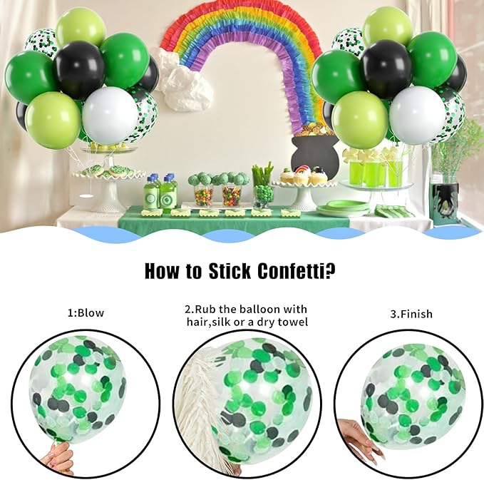 60 PCS Colorful Balloons Set with Confetti - Green, Black, White - 12 Inch Lime Green Balloons for Video Game Football Theme Party Kids Birthday Decorations