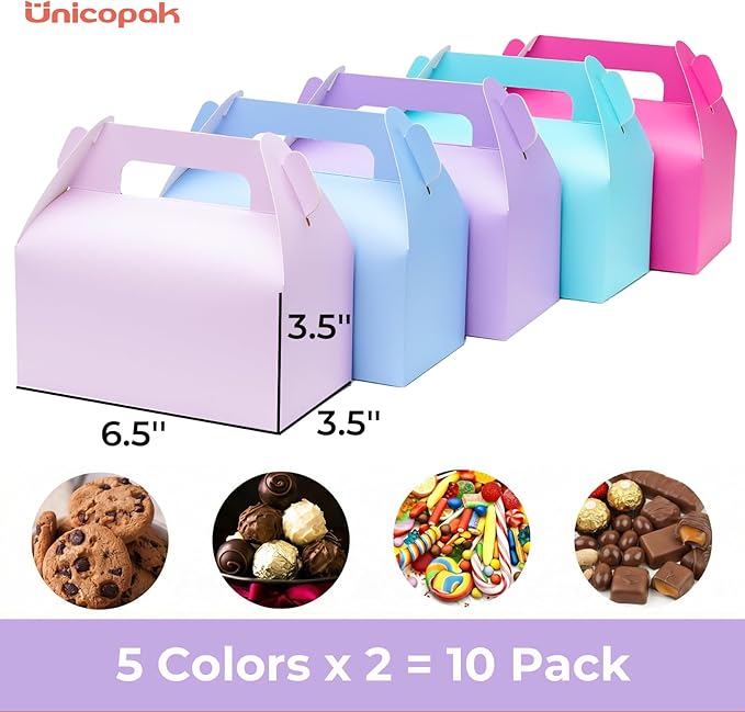 UnicoPak 10 Pack Pastel Party Favor Bag Boxes, Gable Gift Boxes with Handles for Candies Treats Goodies Cookies, Ideal for Theme Birthday Party, Classroom Events, Valentine's Day, 6.5x3.5x3.5 Inches