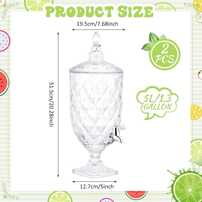 Bokon 2 Pieces Drink Dispensers for Parties Crystal Iced Beverage Dispenser with Stand and Spigot, Glass Liquid Containers Wide Mouth Beverage Server for Juice Tea Wedding(Delicate)