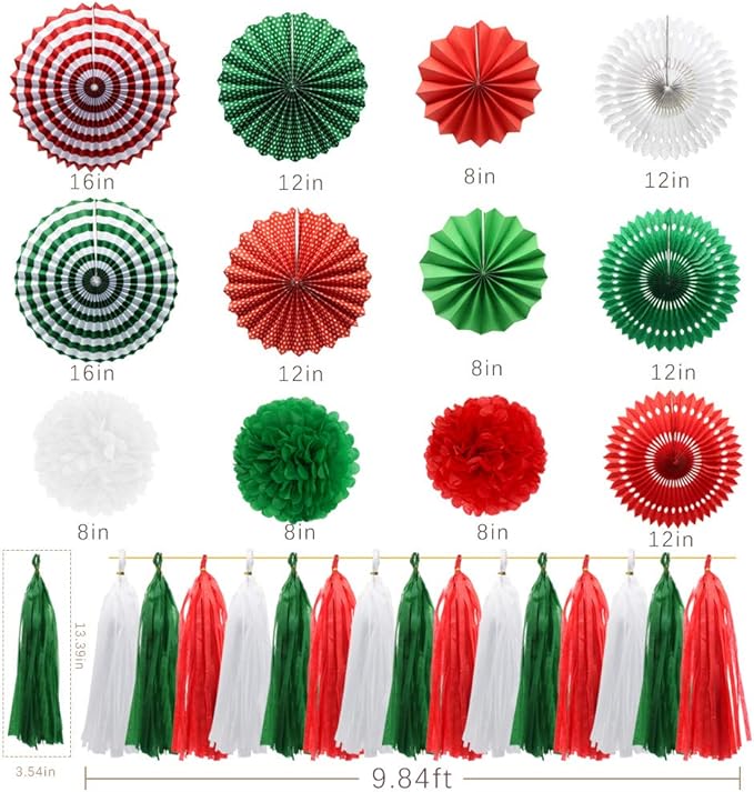 Red Green White Hanging Paper Fans Pom Poms Flowers Tissue Tassel Garland for Graduations Christmas St. Patrick's Day Party Decorations