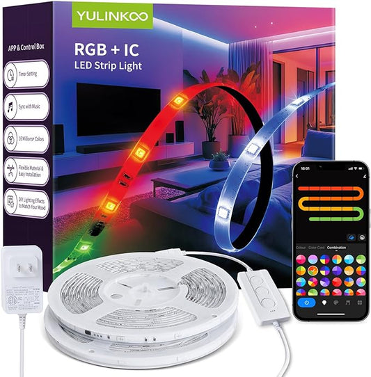 RGB+IC LED Strip Light, 16.4ft Smart LED Light for Bedroom, Bluetooth APP Control, Color Changing LED Strip Lighting, 44 Scene Modes, Music Sync, TV Backlight Behind Strip, Home Decor, Gaming Room