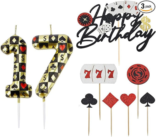 Casino Birthday Number Candles for Cake, Poker Birthday Candles for Casino Themed Birthday Party Decoration, Glitter Casino Birthday Cake Topper for Casino Night Theme Birthday Cake(Number 17 &71)