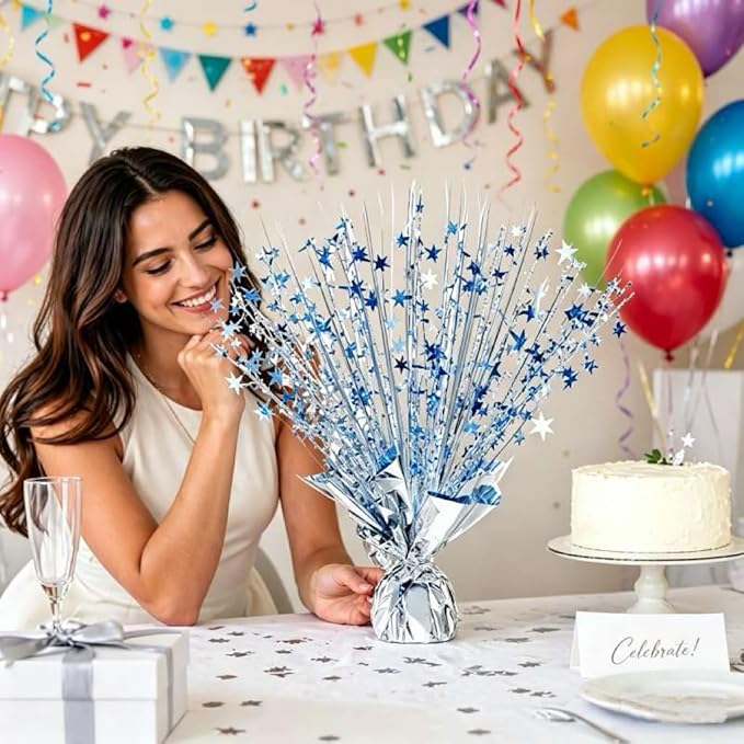 2 Pack Metallic Foil Spray Centerpiece Stars for Wedding, Birthday, Anniversary, Christmas Table Decor, Holiday Festival Baby Shower Graduation Mantle Party Decorations (Silver&Blue)