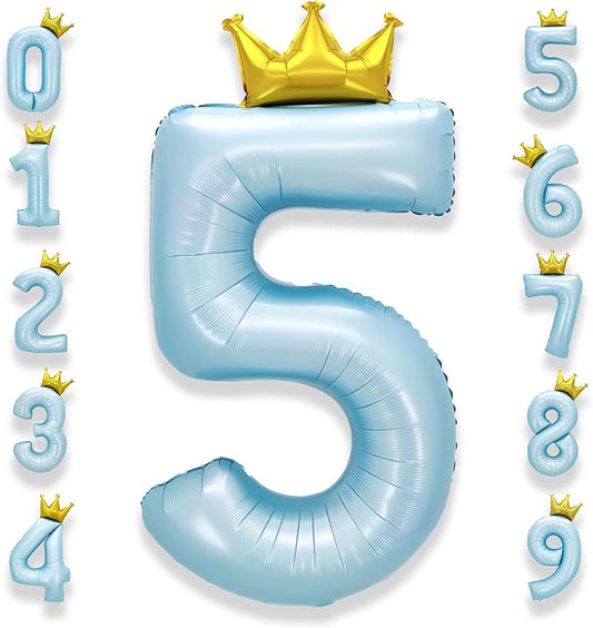 AULE 40 Inch Big Light Blue 5 Balloon Number with Crown Large Foil Helium Number Balloons 0-9 Jumbo Giant Happy 5th Birthday Party Decorations Huge Mylar Anniversary Party Supplies