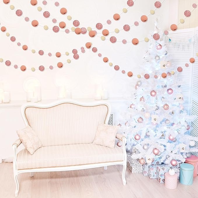 Outus 5 Pieces Rose Gold Round Dots Garland Graduation Party Hanging Decor Each Length 13.1ft Glitter Paper Dot Streamers for Birthday Wedding Classroom Supplies (Champagne)