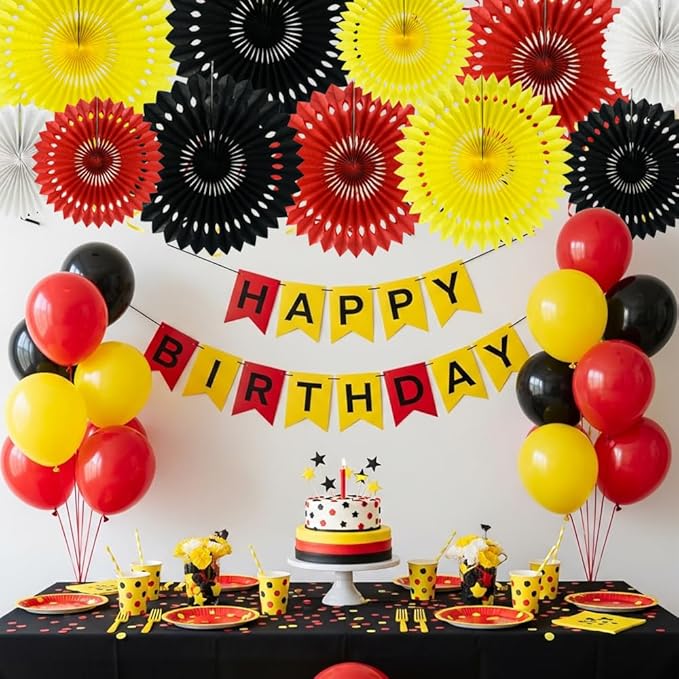Red Yellow Black Hanging Tissue Honeycomb Round Paper Fans Decoration Kit for Baby Kid Shower Mouse Theme 1st Birthday Wedding Bachelorette Backdrops Anniversary Paper Party Supplies（11 Packs）