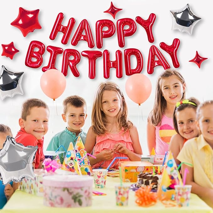 CANREVEL Happy Birthday Banner 13pcs 16 Inch Mylar Foil Letters with 12pcs Star Balloons Birthday Party Decorations for Kids and Adults - 3D Red
