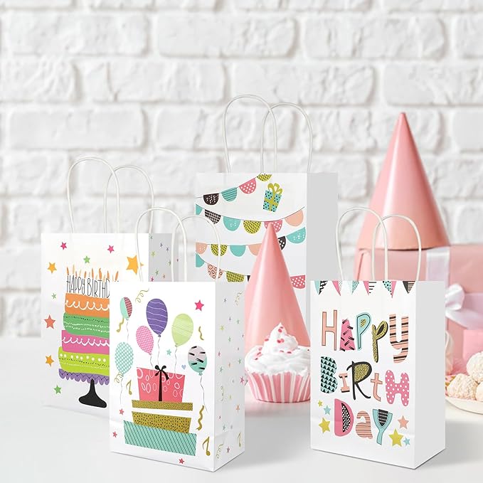 20Pcs Birthday Gift Bags with Handles, 8.2" x 5.8"x3.15" Happy Birthday Paper Favor Bags, Colorful Candle Balloon Cake Print Birthday Goodie Bags, Party Treat Candy Bags for Boys Girls Birthday Party Supplies