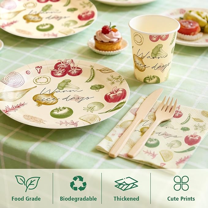 144Pcs Vegetable Birthday Party Supplies Decorations Paper Plates Napkins Vintage Party Tableware Disposable Dinnerware Set for Kids Birthday Baby Shower Table Decor, Serve 24