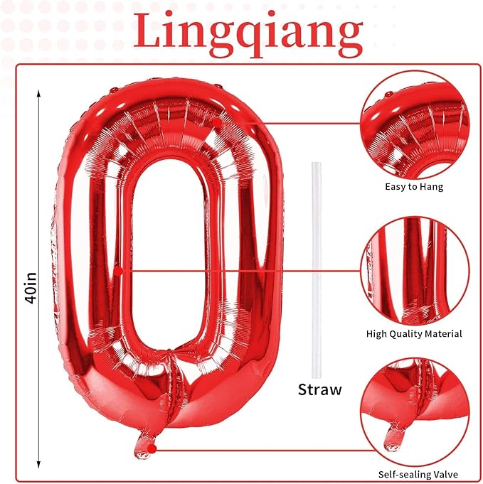 40" Red Number 0 Balloon for Girls, Large Self Inflating Helium Foil Number Balloons Set 0-9 for Women Men Boys Birthday Anniversary Wedding New Year Baby Shower Christmas Party Decorations Supplies