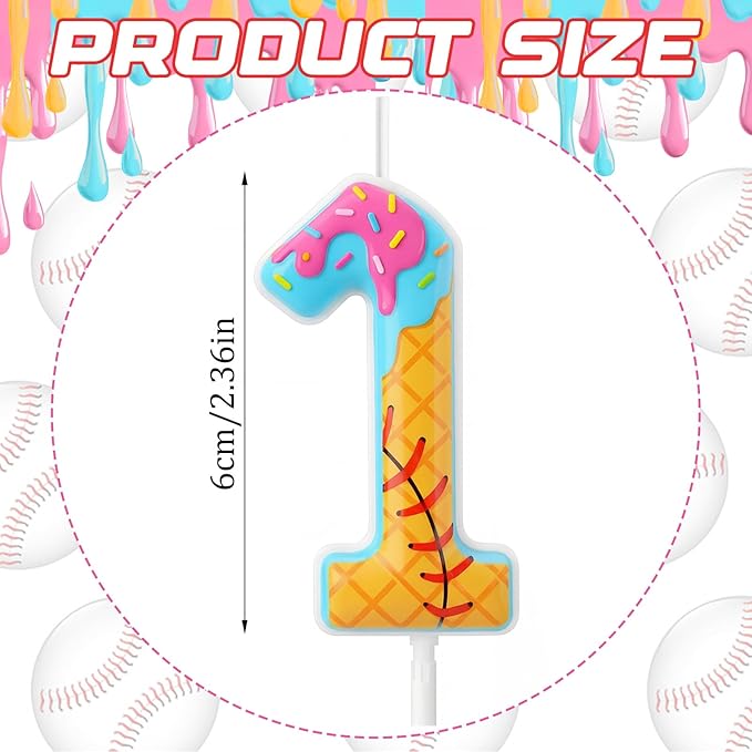Conelist 1st Baseball Ice Cream Drip Birthday Number Candles Baseball Drip Cake Topper Candle Cupcake Topper Decoration for Sport Theme Happy Birthday Party Favors Anniversary Supplies(1 Pcs)