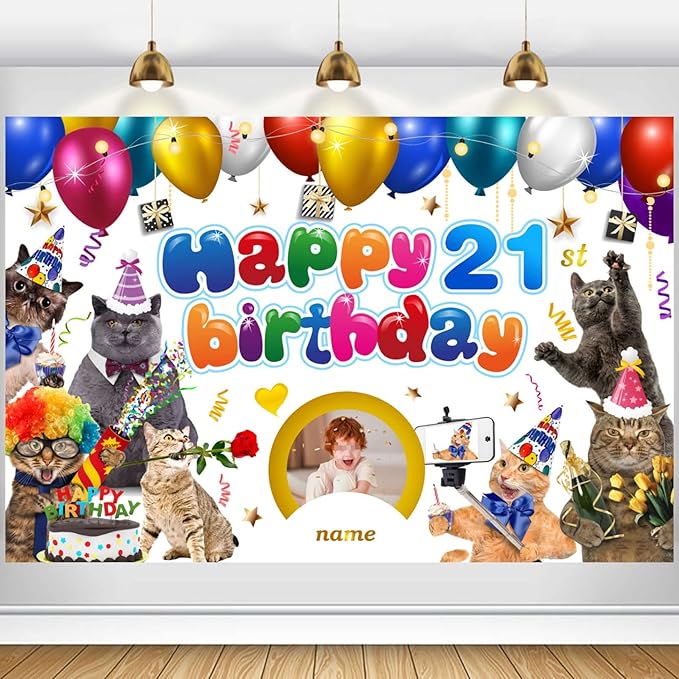 Custom Cat Theme 21st Birthday Decorations Banner - Personalized Fabric Banner for 21st Birthday Party Supplies