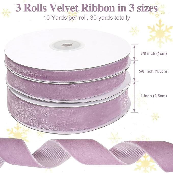 Purple Velvet Ribbon, Vintage Mauve Velvet Christmas Ribbon, Thick Lavender Ribbons Set for Christmas Tree, Bow Ornaments, Gift Wrapping, Crafts, 3 Rolls 3/8, 5/8, 1 inch Wide, 30 Yards Totally