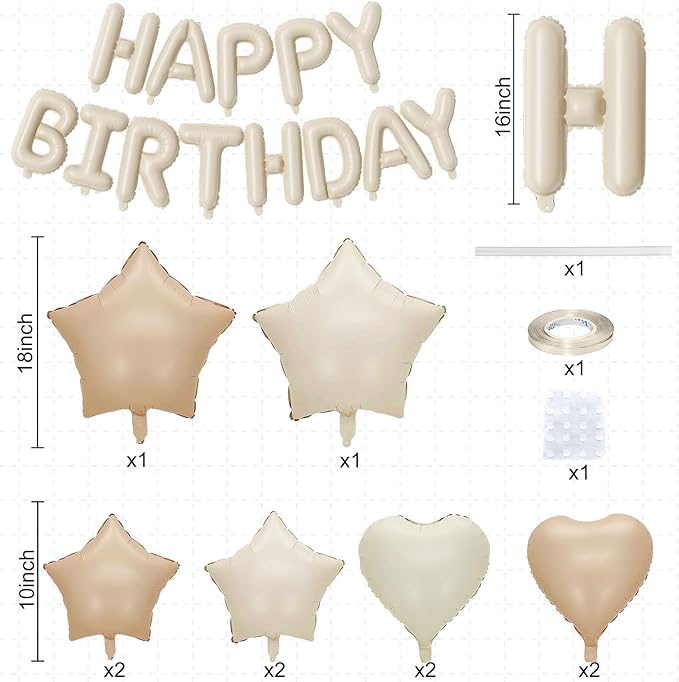 Happy Birthday Balloon Banner Cream, 16 Inch Beige Mylar Foil Letter Balloons, Boho Neutral Birthday Decorations with 10 Pcs Ivory Caramel Brown Foil Balloon, Inflatable Party Supplies for Women Girl
