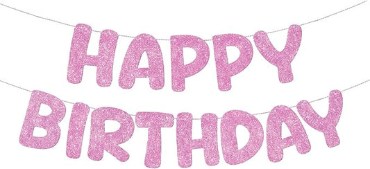 Fulmoon Glitter Pre Strung Happy Birthday Banner No DIY Party Decorations Happy Birthday Sign Decor for Men Women Boy Girls Backdrop(Pink)