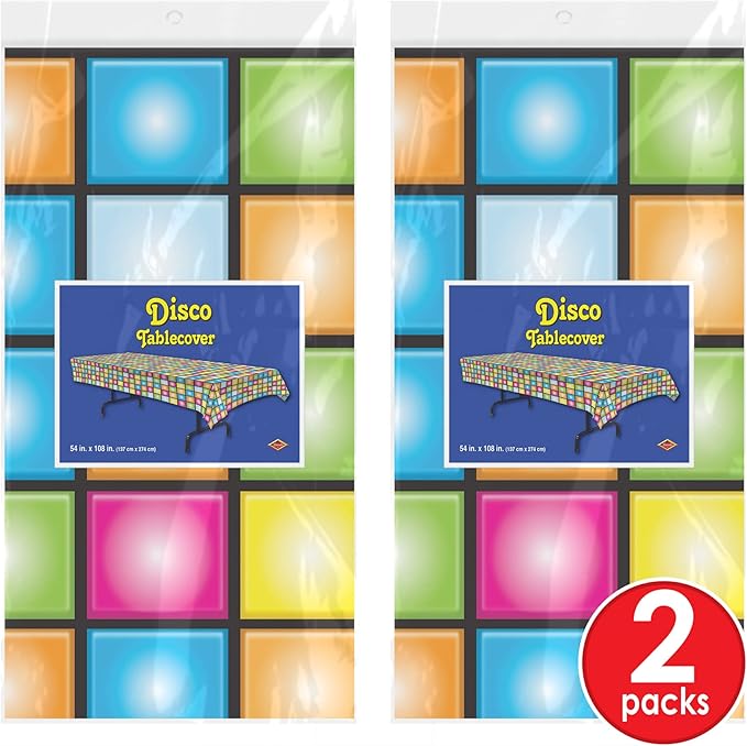 Beistle Pack of 2 Multicolored Disco Rectangular Plastic Tablecloths, 70s Themed Party Decorations, Disco Dance Party Supplies, 108" x 54"