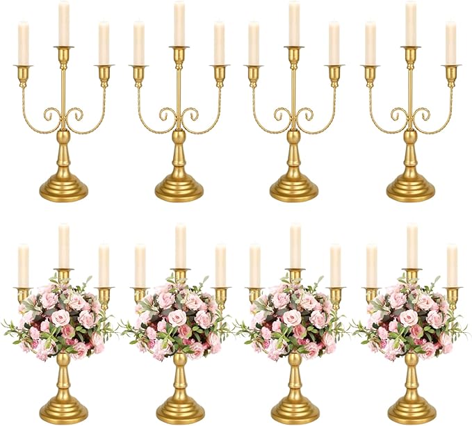 8 Pcs Gold Candelabra 12 Inch 3 Arm Metal Candle Stand Wedding Candlestick Holder for Table Centerpieces Wedding Birthday Holiday Theme Party