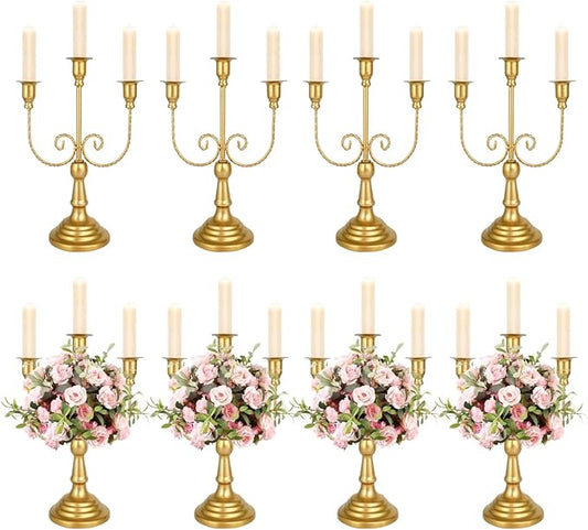 8 Pcs Gold Candelabra 12 Inch 3 Arm Metal Candle Stand Wedding Candlestick Holder for Table Centerpieces Wedding Birthday Holiday Theme Party