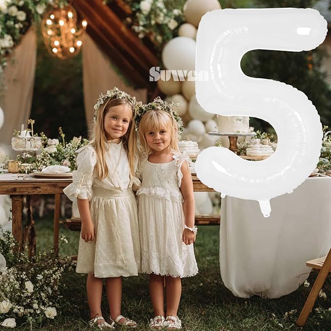 SUWEN 40 Inch White Large 5 Balloon Number Big Foil Helium Number Balloons 0-9 Giant Jumbo Happy 5th Birthday Party Decorations for Boy or Girl Huge Mylar Anniversary Party Supplies