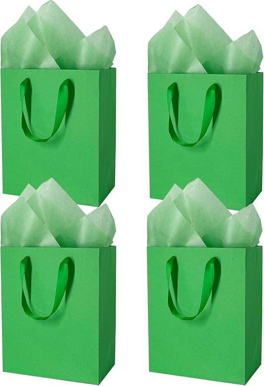 MOXARYSU 4 Pcs Medium Green Gift Bags: 8x5x10 Inches Gift bags With Handles Party Favor Bags With 8 Tissue Paper For Party,Birthday,Baby Shower,Wedding（Green）
