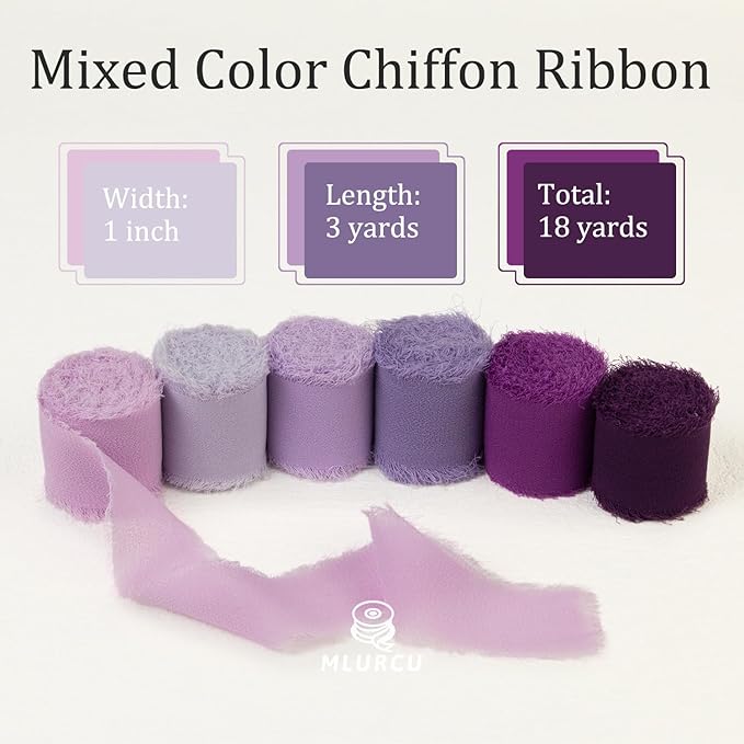Purple Chiffon Ribbon - 1 Inch x 3 Yds, Lilac/Lavender/Dark Purple/Violet/Plum, Frayed, Wedding Invitation/Flower Bouquets/Gift Wrapping/Bridal Shower