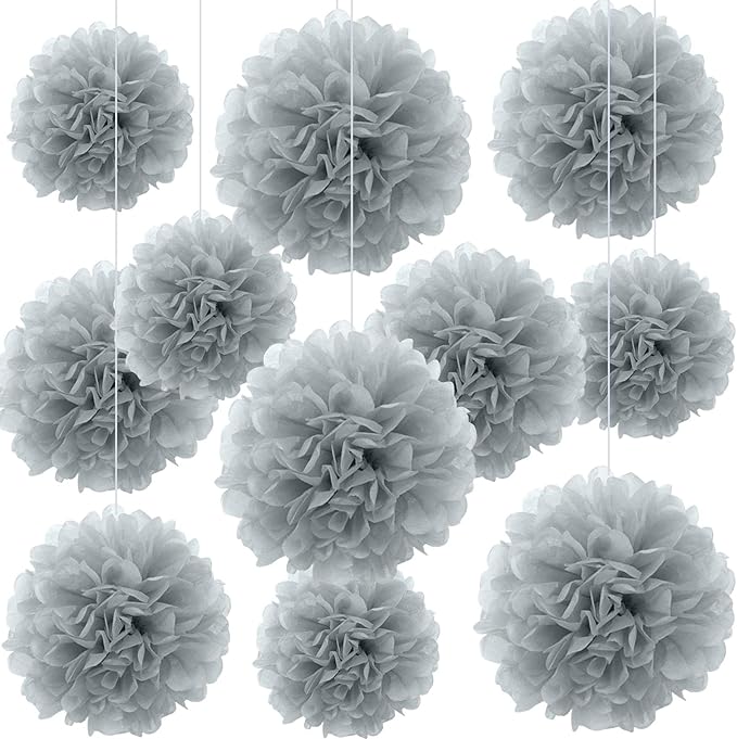 20 PCS Grey Tissue Paper Pom Poms, Tissue Pom Poms Flowers, Sizes of 6", 10", 12", 14" Hanging Paper Flower Ball for Wedding, Birthday, Halloween, Christmas, Baby Shower Party Decor