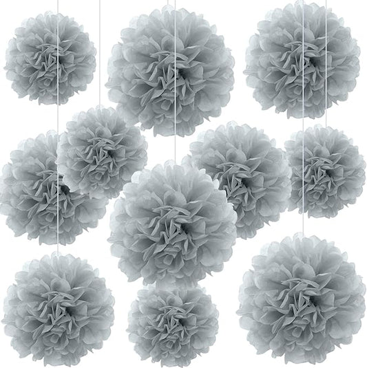20 PCS Grey Tissue Paper Pom Poms, Tissue Pom Poms Flowers, Sizes of 6", 10", 12", 14" Hanging Paper Flower Ball for Wedding, Birthday, Halloween, Christmas, Baby Shower Party Decor
