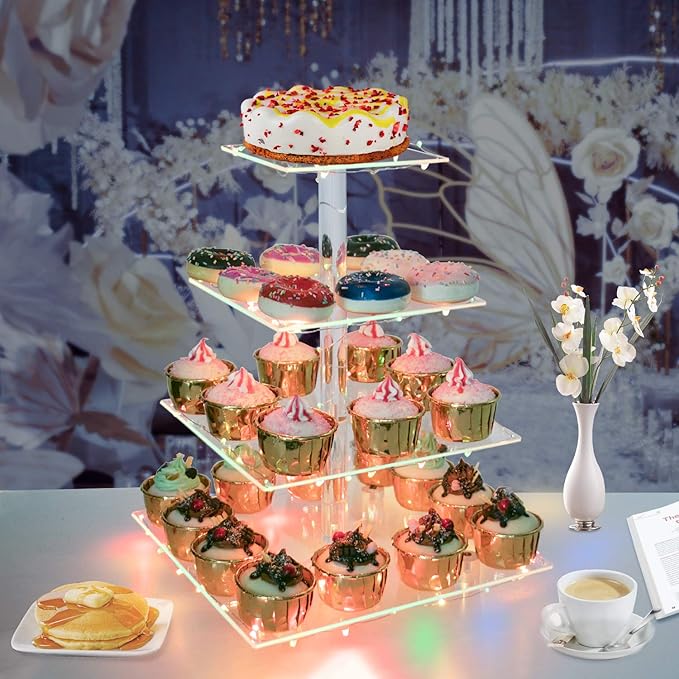 WeddingWish Cupcake Display Stand, 4-Tier Acrylic & Copper, Multicolor LED Light, 50 Cupcakes