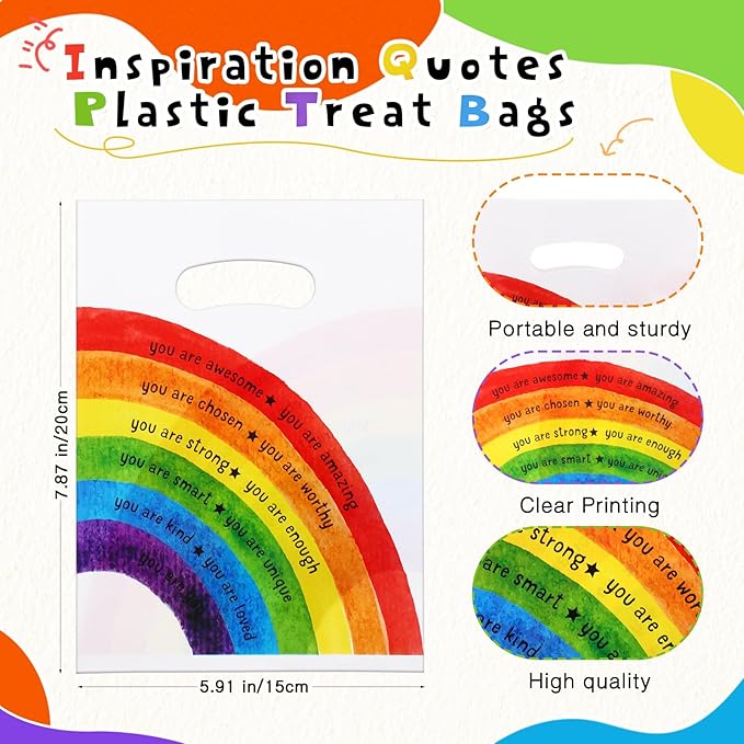 Coume 50 Sets Inspiration Quotes Treat Bags with Handles Small Plastic Party Favors Gifts Bags for Kids Students Birthday Party Gifts Favors (Rainbow Style)