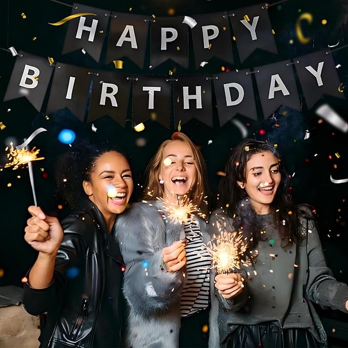 Black Happy Birthday Banner,Pre-Strung Black and Silver Birthday Party Decorations,16ft Hanging Sign for Kids, Girls, Boys, Women – No DIY, Backdrop Supplies