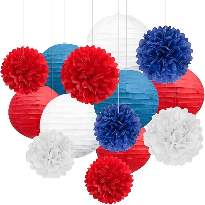 18 PCS Red White Blue Paper Lanterns & Tissue Paper Pom Poms for July 4th Independence Day, Memorial Day, Baseball Party, Patriotic Veteran Celebration Theme Party Decoration Set Supplies