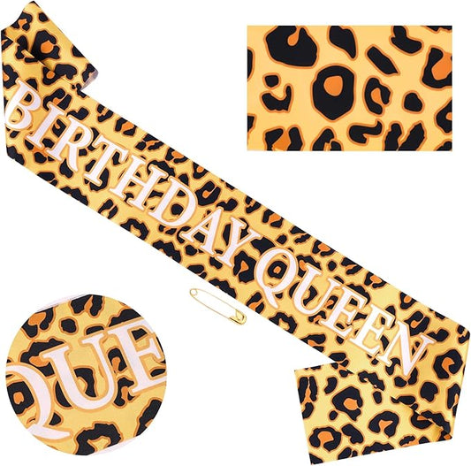 Cheetah Print Happy Birthday Decorations- BIRTHDAY QUEEN Leopard Birthday Sash, Funny Bday Decoration Accessories for Women Party Favors Supplies