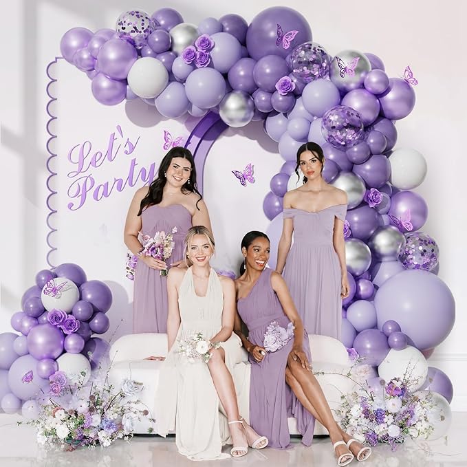 Purple Balloons Garland Arch Kit, 126pcs Lavender Party Decorations with Metallic Silver Purple Confetti Balloons for Butterfly Birthday Wedding Baby Shower Party Decorations
