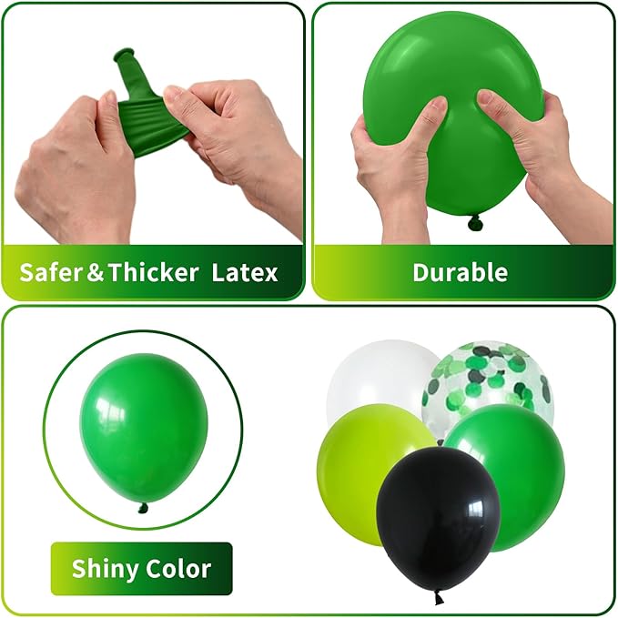 60 PCS Colorful Balloons Set with Confetti - Green, Black, White - 12 Inch Lime Green Balloons for Video Game Football Theme Party Kids Birthday Decorations