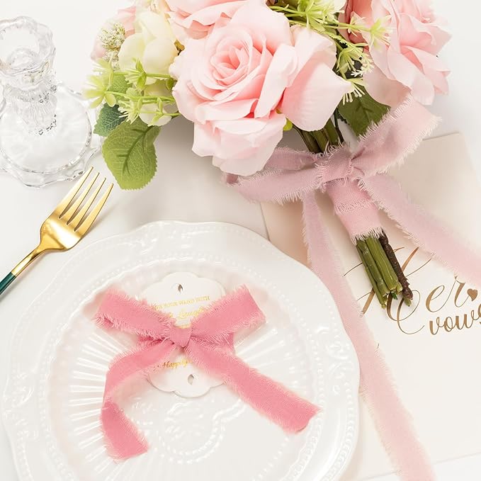 Pink Cotton Ribbon 5/8 Inch Pink, Baby Pink & Dusty Rose 3 Rolls 21 Yards Frayed Edge Fabric Set for Wedding Invitations, Bridal Shower, Baby Shower Decor, Bouquet Wrap & Gift Wrapping