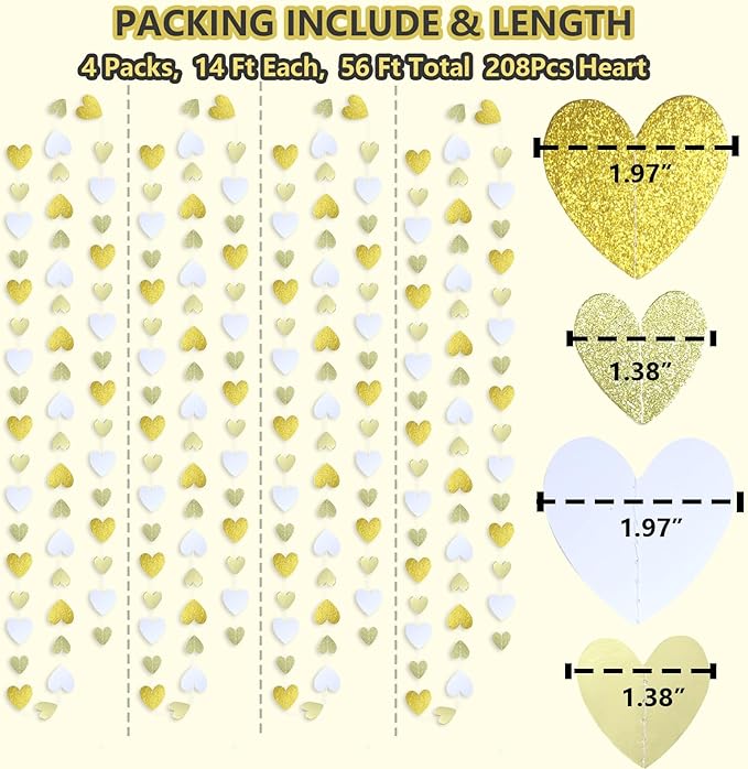 Gold-White Heart-Garland Streamers Engagement-Birthday Party-Decorations - 52Ft Glitter Champagne Hanging Banner Decor Wedding Congratulations Bachelorette Bridal Baby Shower Garsellen