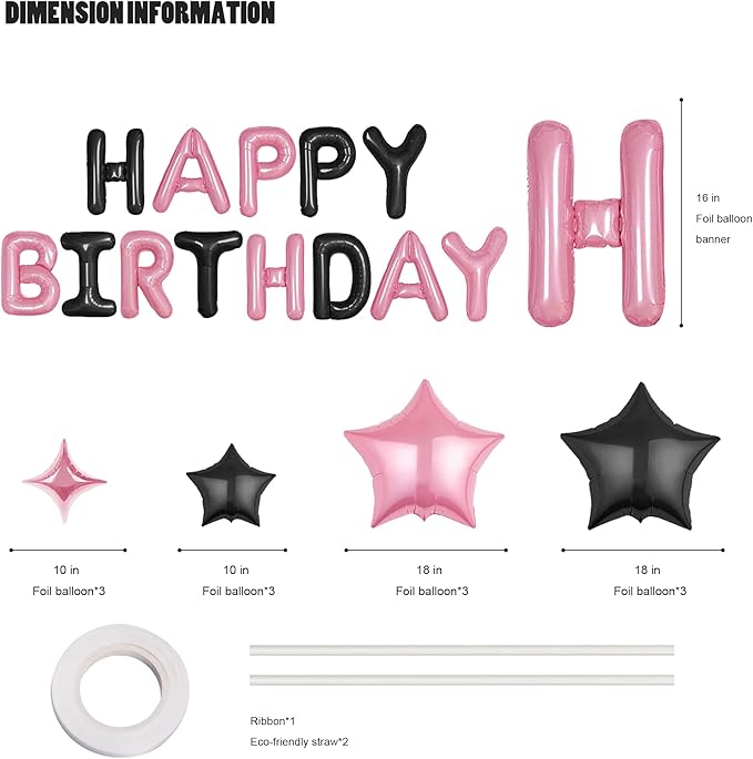 CANREVEL Happy Birthday Banner 13pcs 16 Inch Mylar Foil Letters with 12pcs Star Balloons Birthday Party Decorations for Kids and Adults - 3D Black Pink