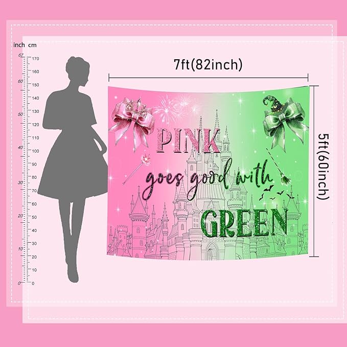 Mocsicka Witch Happy Birthday Backdrop Pink Goes Good with Green Birthday Party Decorations for Movie Photography Background Party Supplies (Pink and Green, 10x8ft(120"x96"))