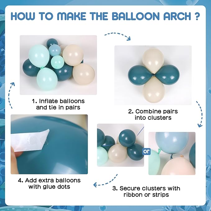 147pcs Under the Sea Balloons Garland Arch Kit with Dusty Slate Blue Pastel Green Sand White Latex Balloons for Ocean Themed Under the Sea Baby Shower Birthday Party Decorations