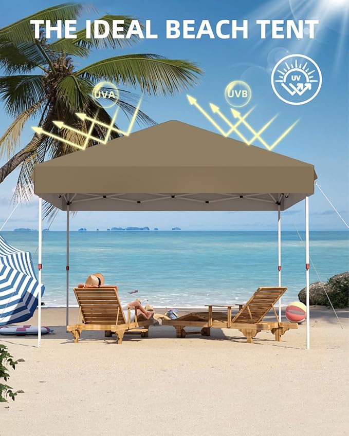 10x10 Pop Up Canopy, Beach Tent with One Push Setup,Outdoor Sun Shade for Events, Parties, Camping,UPF 50+ All Weather Waterproof, Commercial Gazebo with Weight Bags & Wheeled Carry Bag