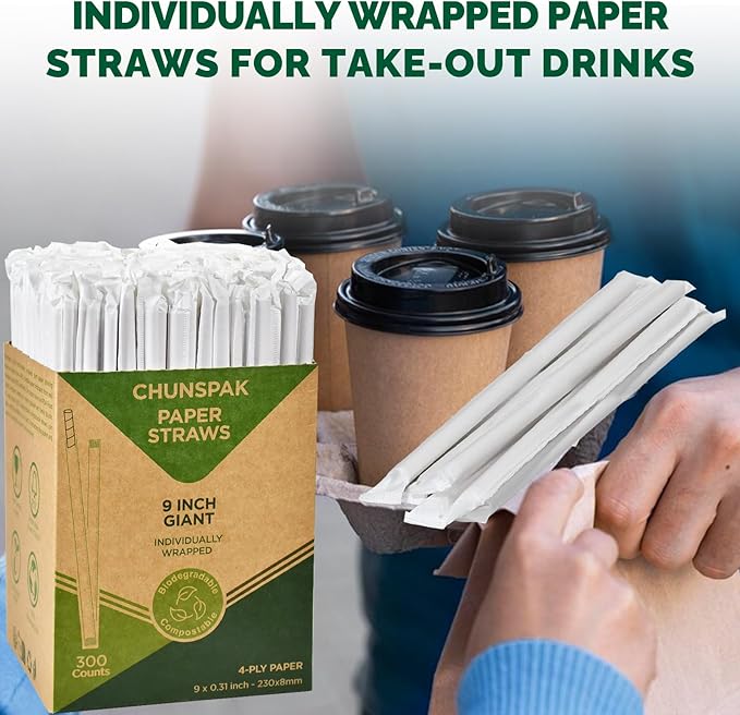 9'' x 0.31'' Giant Paper Drinking Straws Individually Wrapped 300 Counts, Dye-free Brown Kraft - 4 Ply Thick Paper