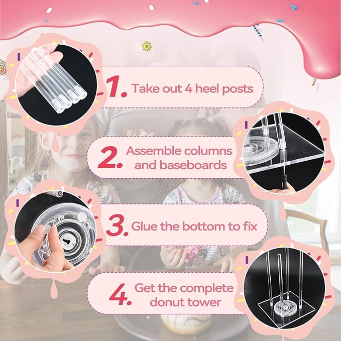 2 Pack Acrylic Donut Stand with Lazy Susan Turntable Tower Stand, Includes 2 Rotating Bases and 8 Support Rods, Perfect for Dessert Tables, Birthday, Wedding, Baby Shower, Party (2 Pack)