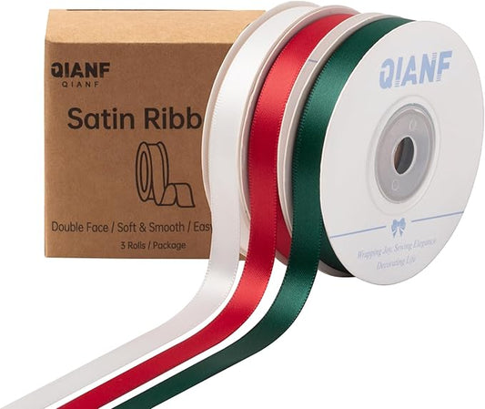 QIANF Red/Dark Green/White Double Face Satin Ribbon 3/8 Inch x 45 Yards Fabric Ribbon for Gift Wrapping, Flower Bouquets, Hair Bows Making, Wedding Decoration, Christmas (3 Rolls *15Yd)